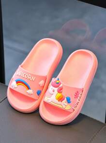 儿童彩虹独角兽图案厚底休闲可爱拖鞋，女童多功能舒适防滑凉鞋，适合室内外时尚穿着 - 粉色 - 查看 3