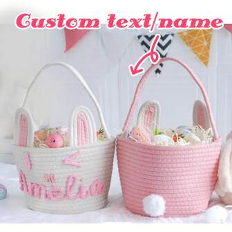 1pc Customized Gift Basket/Solid Color Rope Handle Storage Basket, Newborn Gift Basket In Blue/Adorable Gift Basket In Blue/Wedding Favor/Gift Basket/Reusable Gift Basket/Storage Gift Basket/Holiday Gift Basket, Handmade Nameplate Gift Basket, Birth Gift. Colorful Custom-Made Basket For Gifts On Birthday/Holiday/Anniversary, Suitable For Toys, Cosmetics, Sundries, Daily Storage