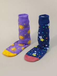 2 Pairs Women Stars & Sun Print Socks, Comfy & Breathable Cartoon Mid Tube Socks, Women's Stockings & Hosiery