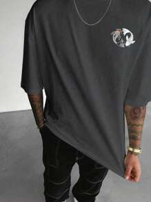 男士时尚印花宽松短袖T恤 | 优雅设计 | 夏季必备 | 轻松搭配，展现你的风格，2000年代风格 - 深灰色 - 查看 2