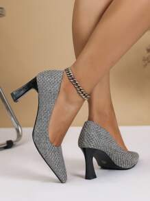女士尖头粗跟简约时尚百搭工作正式派对礼服高跟鞋，办公室女士鞋，适合所有季节 - 灰色 - 查看 2