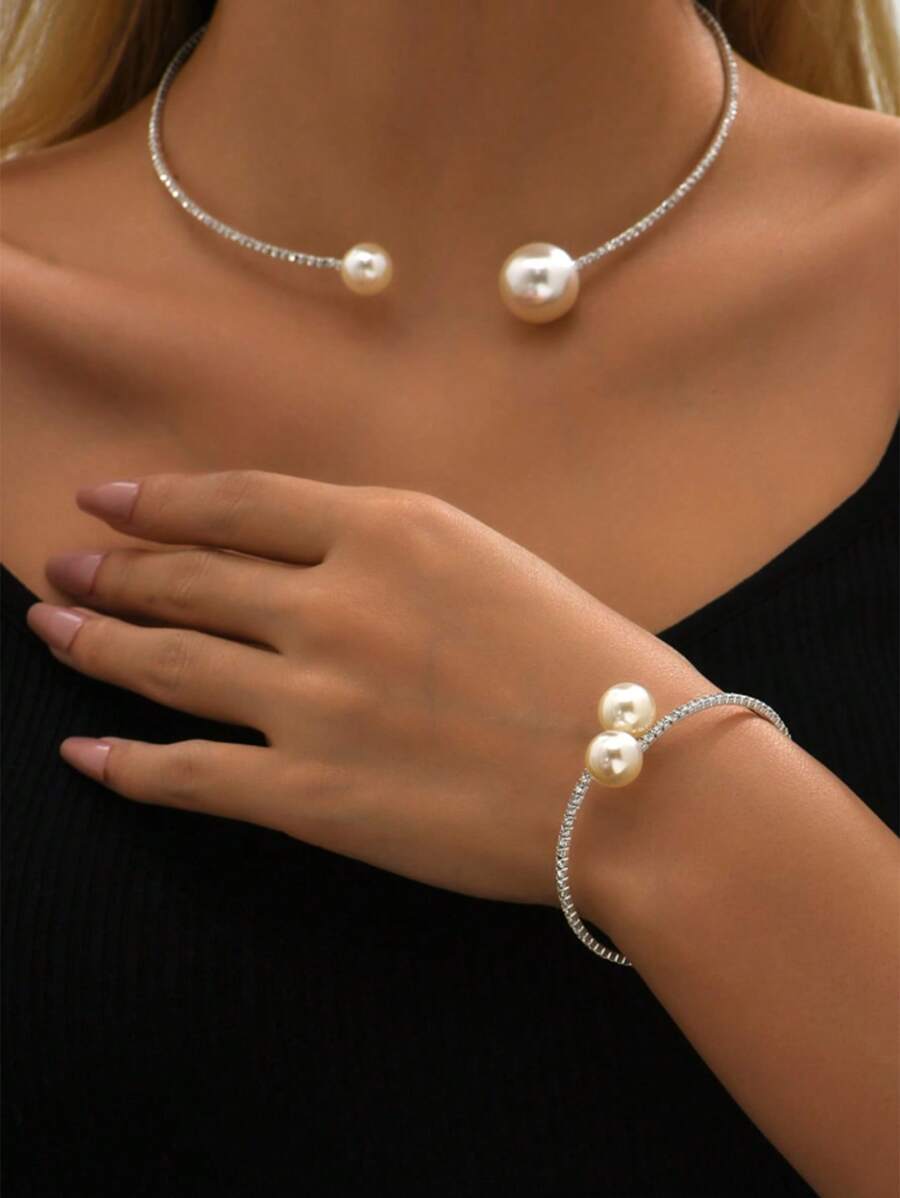 2pcs Set Rhinestone & Faux Pearl Bracelet & Necklace Jewelry Set For Women Party Evening Wear - Silver - View 1