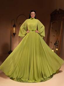 AMILUCK 女款奢華時尚優雅小立領喇叭袖寬鬆百褶雪紡大碼 A 字腰帶裝飾禮服，適合正式晚宴、宴會、婚禮賓客穿著 - 橄欖綠 - 查看 4