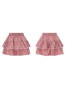 Women Y2k Plaid Ruffle Mini Skirt Flowy Layered Short Skirt Gingham A Line Skirt Cute Summer Streetwear - 紅色 - 查看 6