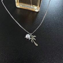 1 件不锈钢链珍珠和棕榈树吊坠项链，夏季海滩度假风格