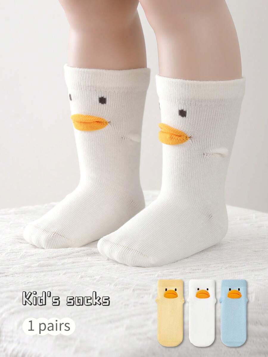 1 Pair Kids Cartoon Duck Print Mid-Calf Socks, Solid Color Infant Floor Socks, For Spring & Summer