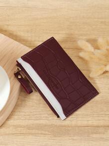 勃艮第包 Charry Red 包 酒红色包，时尚酒红色皮革女士短钱包，鳄鱼纹和石头纹理，双色简约设计，浮雕触感，多个卡槽，拉链零钱袋