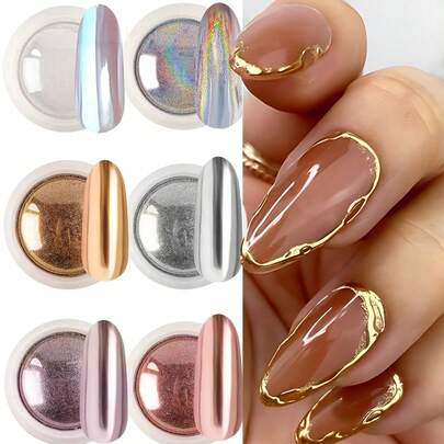 6 tarros de polvo de uñas cromado, set de 6 colores de polvo de uñas con efecto cromado holográfico, polvo de uñas con efecto espejo mágico, polvo de uñas iridiscente aurora brillante con efecto espejo mágico para decoración y diseño de arte de uñas