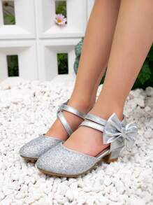 New Silver Bow Decorated Glitter Princess Formal Dress Shoes For Little Girls, High Heel Shoes For Kids Performance & Party
