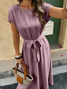 Women A-Line Ruched Linen-Like Texture Dress - Dusty Purple - View 6