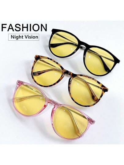 1pc Fashionable Circular Night Vision Glasses, Protection, Yellow Lens Suitable For Driving At Night, Great Gift For Friends For Summer Beach Vacation,Outdoor,Travel