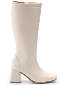Bota Feminina Salto Alto Grosso Cano Alto Bico Quadrado Lumiss - Bege - Visão 4