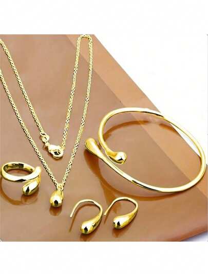 Juego de joyería de 5 piezas de gota de agua elegante - Collar, pulsera, aretes y anillo de aleación - Multifuncional y ajustable, adecuado para uso diario o para eventos de moda