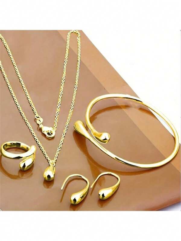 Juego de joyería de 5 piezas de gota de agua elegante - Collar, pulsera, aretes y anillo de aleación - Multifuncional y ajustable, adecuado para uso diario o para eventos de moda