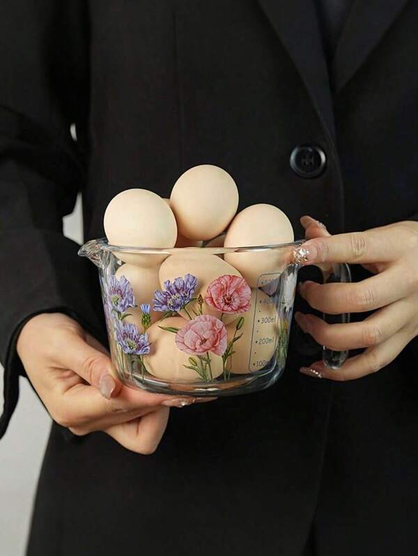 1 Stück eleganter Blumen Glas Messbecher, Messbecher, hochhitzebständiges Borosilikatglas, für Obstsalat, Saft, Milch, mikrowellengeeignet
