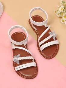 1 Pair Beige Plus Size Girls' Flat Sandals, PU Strap Woven Design With Rhinestone, Pearl & Butterfly Decor, Elastic Back Strap, Round Toe Open Toe Non-Slip Fashion Cute Black Sandals, Suitable For Girls Aged 3-15 For Daily, Casual, Holiday Wear, Summer 2025 New Arrival - Beige - View 1