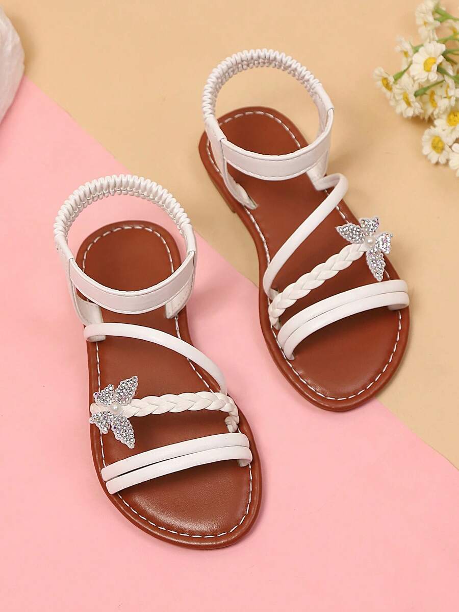 1 Pair Beige Plus Size Girls' Flat Sandals, PU Strap Woven Design With Rhinestone, Pearl & Butterfly Decor, Elastic Back Strap, Round Toe Open Toe Non-Slip Fashion Cute Black Sandals, Suitable For Girls Aged 3-15 For Daily, Casual, Holiday Wear, Summer 2025 New Arrival - Beige - View 1