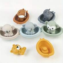 Rainbow Stacking Boat Bath Toy Set With Animal Finger Puppets - Color Recognition & Water Play Fun, Perfect Gift For Kid Summer Toy Bath Toys, Cute Swimming Baby Bath Toys Bathtub Water Pool Toys Stackable Boats Boy Girl Gifts