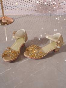 1 双女童闪亮高跟公主凉鞋，适合夏季 - 金色 - 查看 4