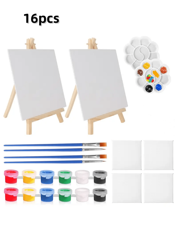 16pcs Mini Canvas And Easel Set - 4x4 Inch Paintable Canvas, Includes 6 Canvases, 2 Easels, 4 Paint Brushes, 2 Paint Palettes, 2 Paints, Suitable For Acrylic, Oil, Watercolor DIY Art Projects,Mother's Day,Mom's Gift
