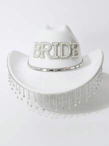 1pc Women's Fashion Solid Color Soft Felt Wide Brim Hat With Personalized Pearl Letter Patch Decor, Minimalist Silver Chain Belt & Crystal Pendant Trim, Versatile For Outdoor, Stage, Wedding - Multicolor - View 2