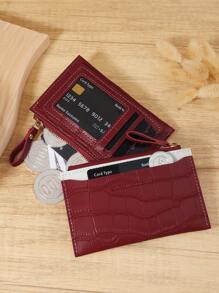 Bolso burdeos, bolso rojo cereza, bolso tinto. Billetera corta de mujer tinto de diseño minimalista de dos tonos, con textura de cocodrilo y piedra, tacto de relieve en alto relieve, múltiples ranuras para tarjetas, bolsillo con cremallera para monedas, de estilo de moda - Rosa Roja - Ver 2