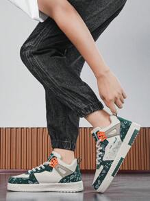 Men's Random Print Comfortable High-Top Contrast Color Letter Patchwork Non-Slip Flat Sports Skate Shoes, Streetwear Suitable For Teenagers, Lace-Up Outdoor Casual Shoes For All Seasons - Rice Green - View 9