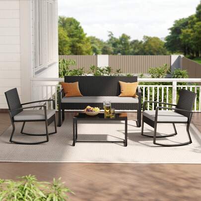 Outdoor Muebles 4 Piece Patio Furniture Set, All Weather PE Wicker Patio Conversation Sofa, With Glass Coffee Table, Loveseat, 2 Rocking Chairs For Camping ,Backyard, Garden,Balcony, Porch, Outdoor Decor