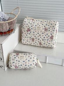 Bolsa de maquillaje de tela suave con estampado de oso de peluche morado con flores, cierre con cremallera, linda bolsa de almacenamiento para cosméticos, viajes y uso doméstico