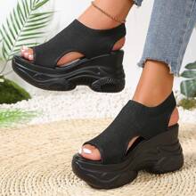 Damen Plateausandalen einfarbig, Lässig Offene Zehen Plateau-Sohle Schuhe, Sommer Schnür-Sandalen Modische Sneaker - Schwarz - Übersicht 4