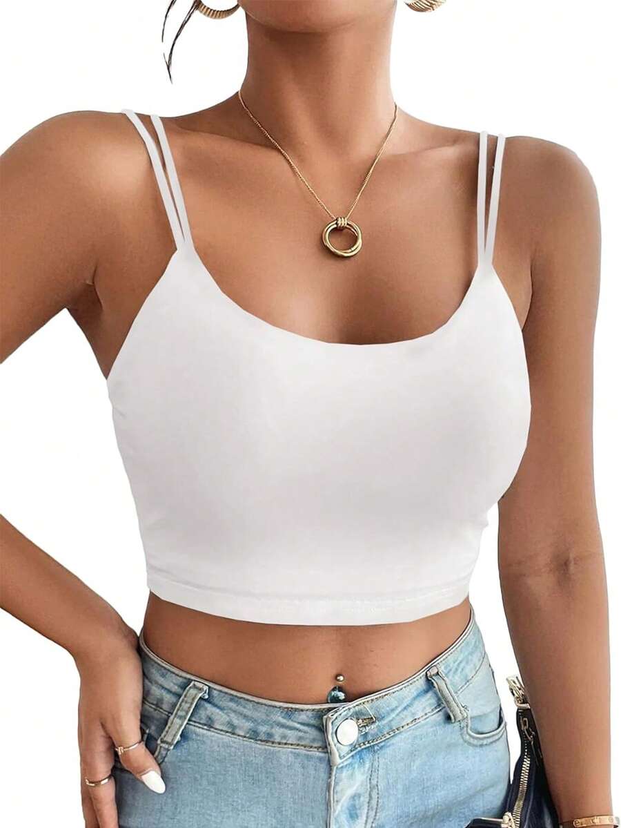 Women Casual Solid Color Camisole Tank Top - White - View 1