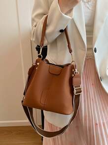 New Fashionable Niche Stylish Casual Versatile Bucket Bag, Retro Classic High-End Quality Wide Strap Women Shoulder Crossbody Handbag, Suitable For Work, Dating, Shopping, Daily Use - Brown - View 3