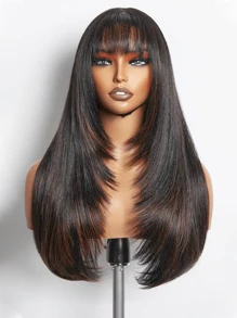 Lange braun-gesträhnte gerade Perücke für Frauen, 24 Zoll klebefrei, realistische synthetische Perücke mit Pony, hitzebeständig, natürlich geschichtet, für Mädchen Alltag, Party, Cosplay