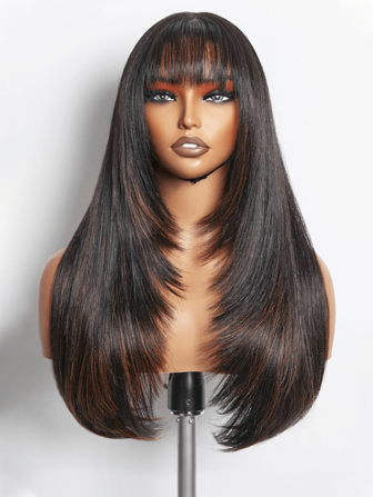 女士长款棕色直发假发 24 英寸无胶逼真合成假发带刘海耐热自然分层假发适合女孩日常派对角色扮演