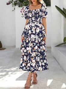 Women Summer Puff Short Sleeve Midi Dress Floral Printed Square Neck Smocked Dress Ruffle Tiered Flowy Long Dress Casual Spring Holiday Vacation Garden Boho Bohemian Wedding Guest Valentine Maxi Dress - Hoa màu trắng xanh navy - Xem 3