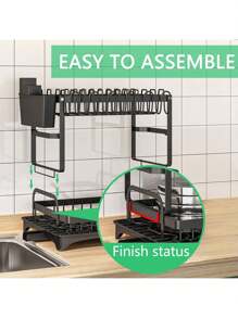 1 Set 2-Tier Stainless Steel Dish Drying Rack With Drainage Tray, Adjustable Dish Drainer For Kitchen Counter, Rotatable Drainage System - Multicolor - View 7