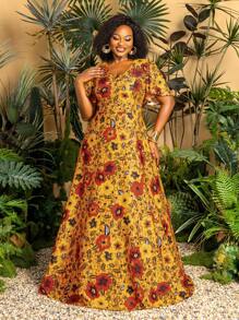 Faeriesty This Fashionable African Print Maxi Dress Features A V-Neck Design, Short Butterfly Sleeves, And An Exaggerated Plus Size Skirt. The Vibrant Floral Print Makes It The Perfect Choice For Summer Beach Parties, Tropical Weddings, And Garden Events (Breathable And Lightweight, Suitable For All Seasons). Summer Dress, Spring Apparel - Yellow - View 3