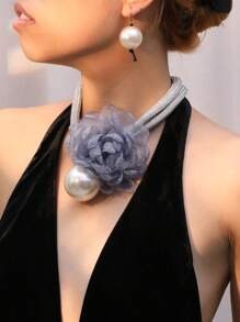 1 套夸张嵌套大花仿珍珠吊坠项链和耳环套装，双层粗绳设计，适合日常佩戴情人节、妈妈、母亲、母亲节、礼物 - 粉色 - 查看 10