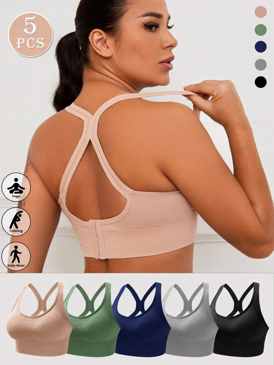 5pcs/Set Women's Seamless Adjustable Gather Sports Bras - Comfortable, Breathable, Shock-Absorbing, Fashionable, Suitable For Yoga - Multicolor - View 1