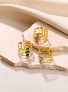 金色不锈钢戒指，复古粉色天然宝石度假波西米亚风女士戒指约会夏季珠宝 - 金色 - 查看 11