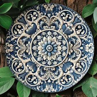 1 件复古金属 8X8 英寸圆形墙壁装饰牌匾，带有青花瓷图案，适用于卧室、客厅、餐厅、酒吧、咖啡厅、车库，是送给朋友和家人的完美礼物