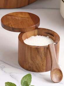 1 pieza Salero y pimentero de madera con cuchara - Estilo país almacenamiento de especias y condimentos para la cocina - color madera - Ver 4