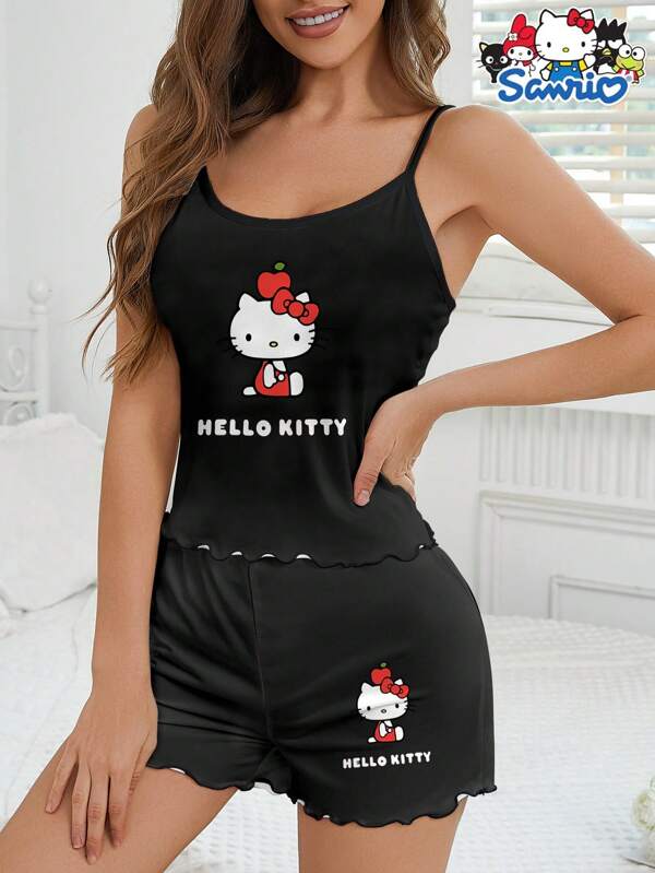 Sanrio Set di pigiama da 2 pezzi Sanrio Hello Kitty, include canotta e pantaloncini, pigiama comodo con stampa di lettere e cartoni animati
