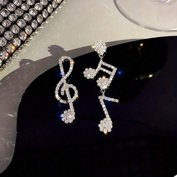 1 par de pendientes de mujer con notas musicales asimétricas de circonita, regalo de joyería
