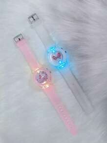1 conjunto (2 peças) Relógio de Pulso de Quartzo com Duplo Fuso Horário e Luz LED com Padrão de Unicórnio Borboleta Animal Cartoon, Relógio de Pulso para Meninas