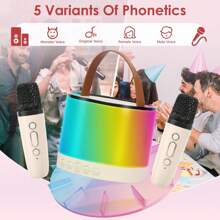 EIGIIS Mini chaîne stéréo de bureau avec microphones sans fil, 5 effets lumineux à LED, enceinte karaoké Bluetooth, microphone portable Bluetooth avec changeur de voix, mini machine à karaoké, cadeau parfait pour l'anniversaire et la famille