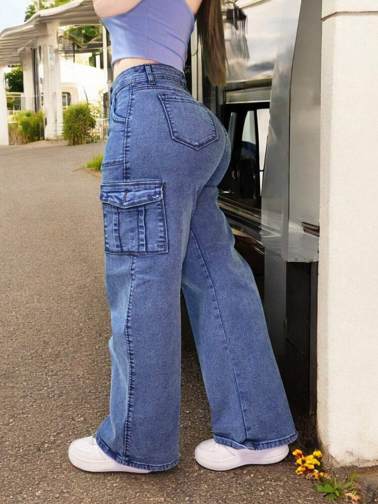Pantalon jeans de mezclilla estilo corte ancho cargo con bolsas laterales stretch para dama mujer push up cintura alta urbano - Barrido con bolsas - Añade 1