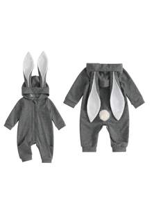 Newborn Baby Boy Girl Easter Zipper Romper Adorable Solid Color Bunny Ears Hooded Long Sleeve Jumpsuit For Toddler - Màu xám đen - Xem 2