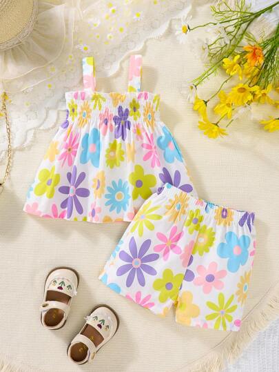 2 件套女童夏季花卉印花吊带背心和短裤，可爱清爽的女童度假装