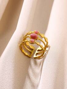 金色不锈钢戒指，复古粉色天然宝石度假波西米亚风女士戒指约会夏季珠宝 - 金色 - 查看 9